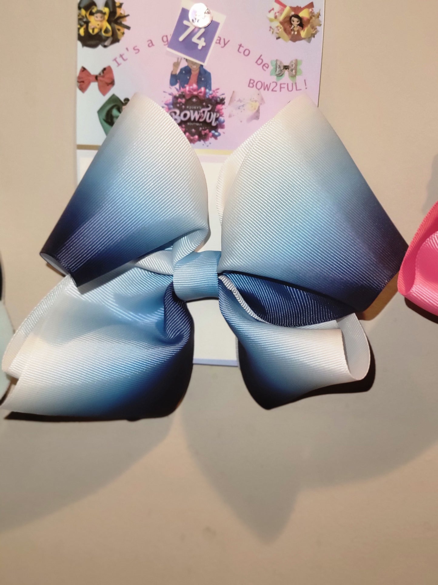 Blue white grosgrain faded Boutique bow with tail,