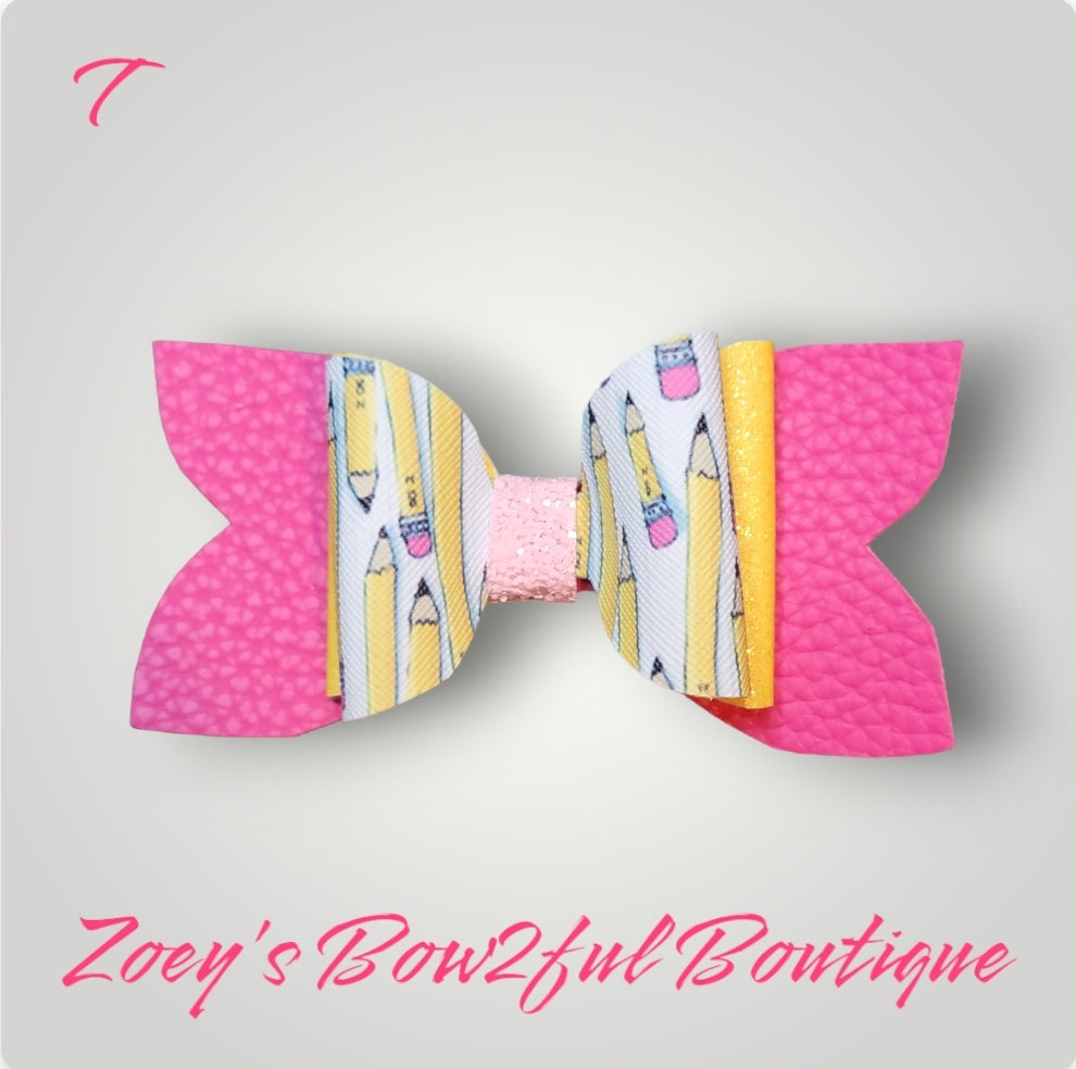 3 layer pink and yellow pencil faux leather bow