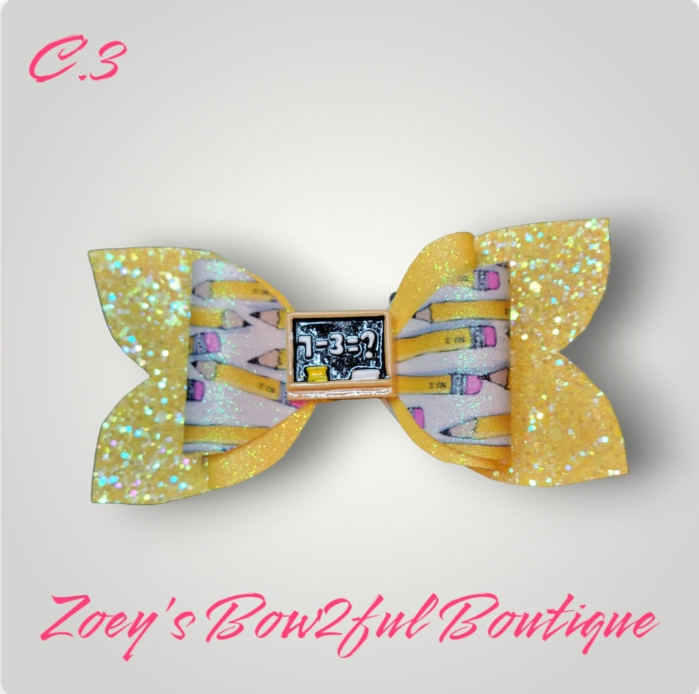 Yellow pencil glitter chalk board glitter faux leather bow
