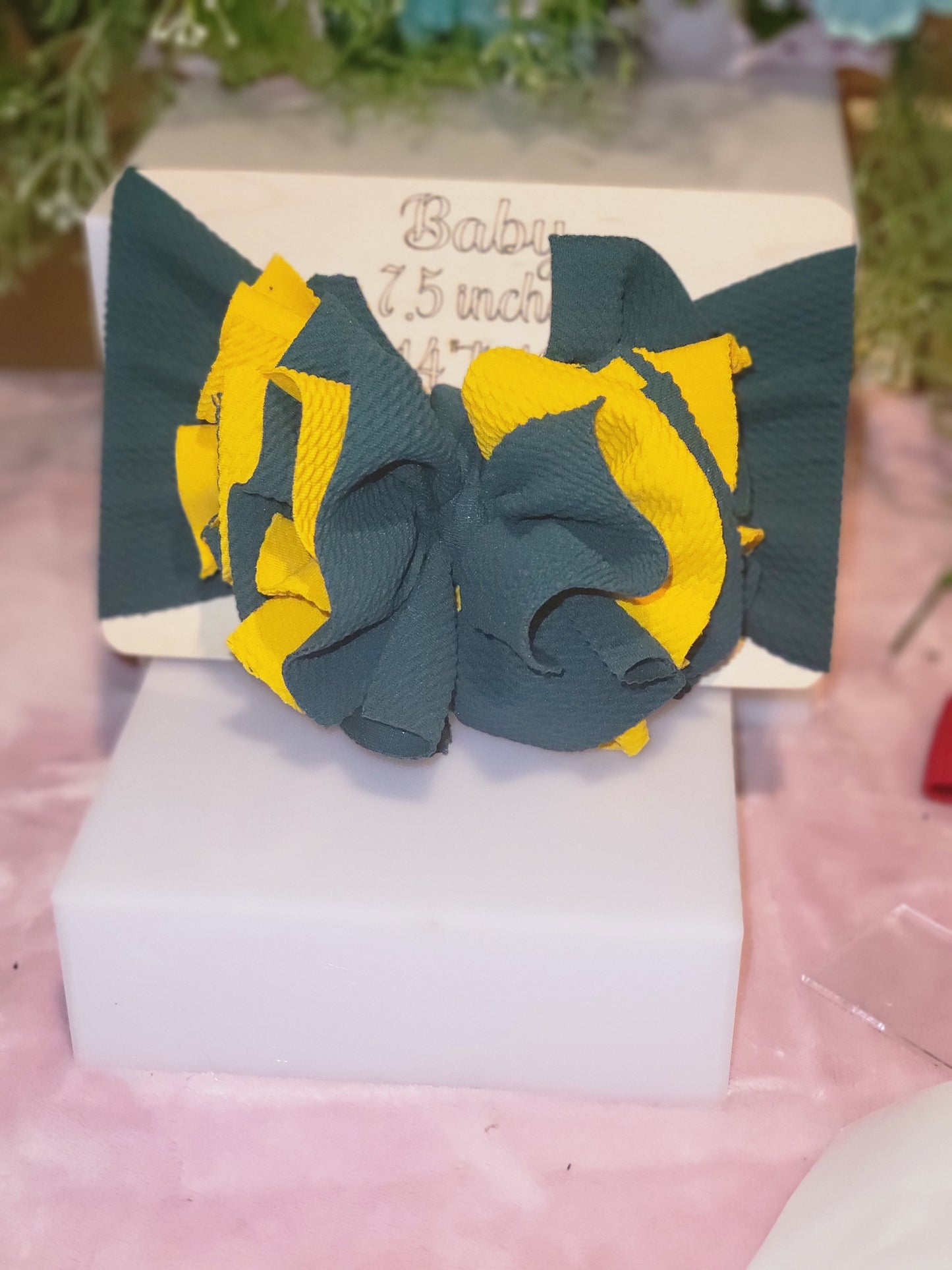 Hunter green and yellow 6 layer ruffle baby headband