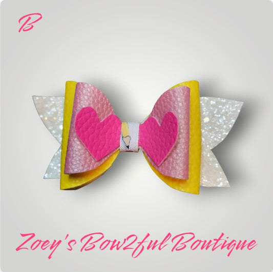 Pink and yellow Faux leather glitter bow