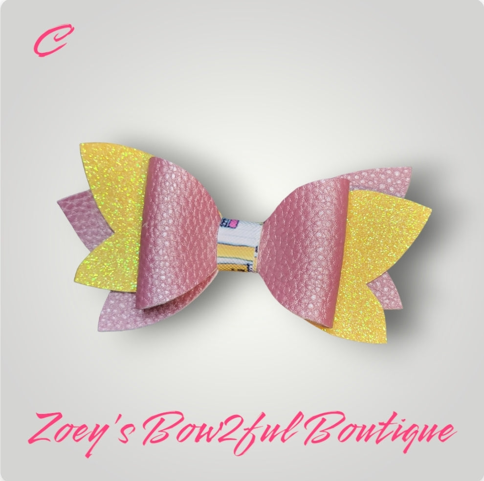 Pink and yellow Faux leather bow