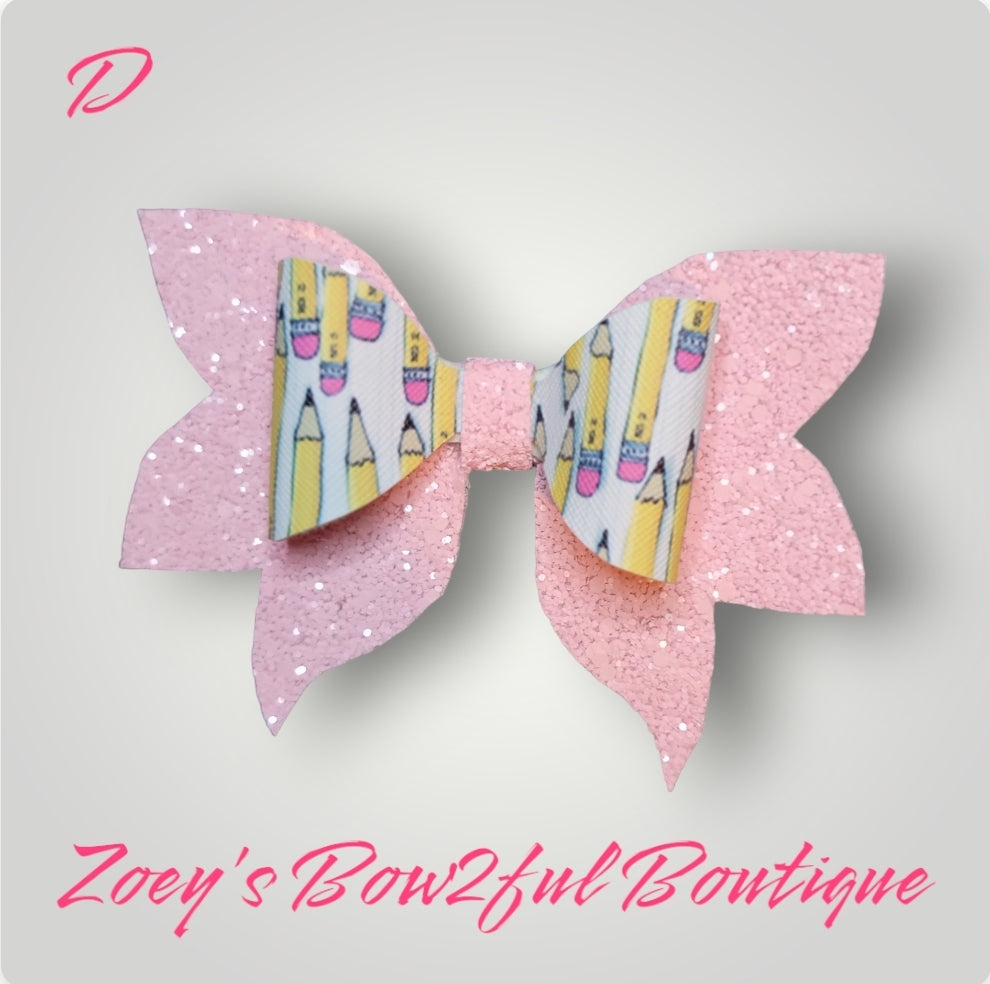 Pencil Pink glitter Faux leather bow