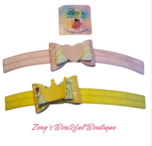 Pink & yellow crown & hearts baby headbands