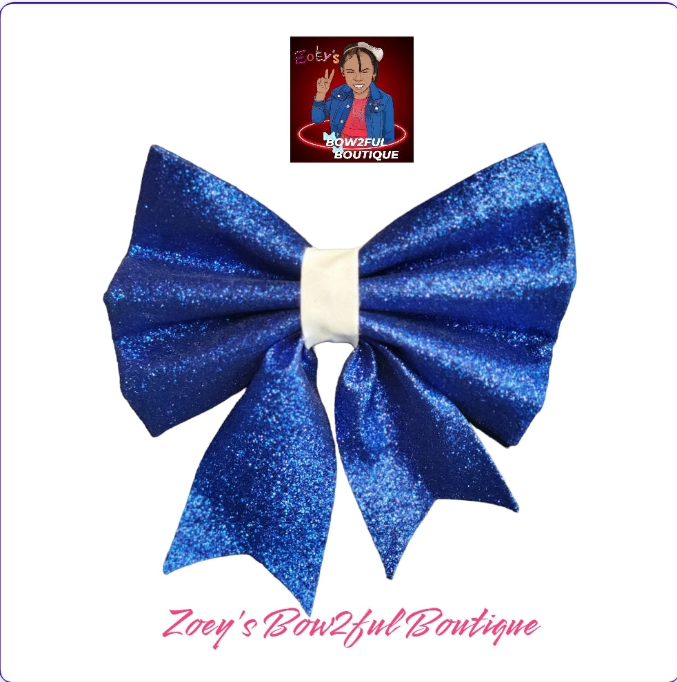 5 inch blue & white Faux leather glitter bow