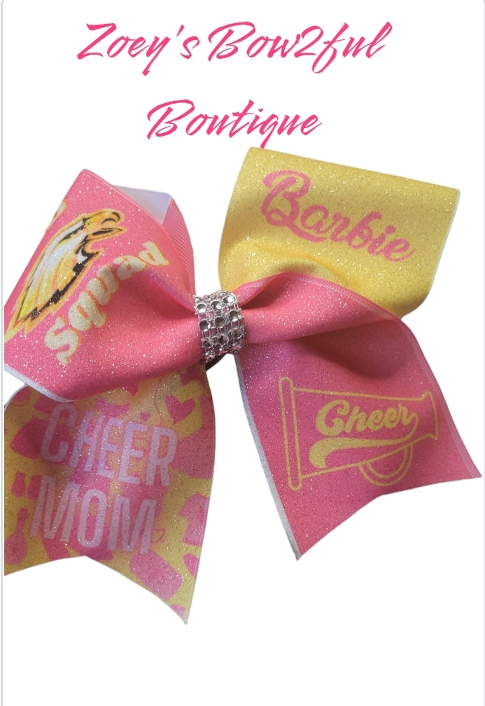 Gold squad cheer and mom cheer bow