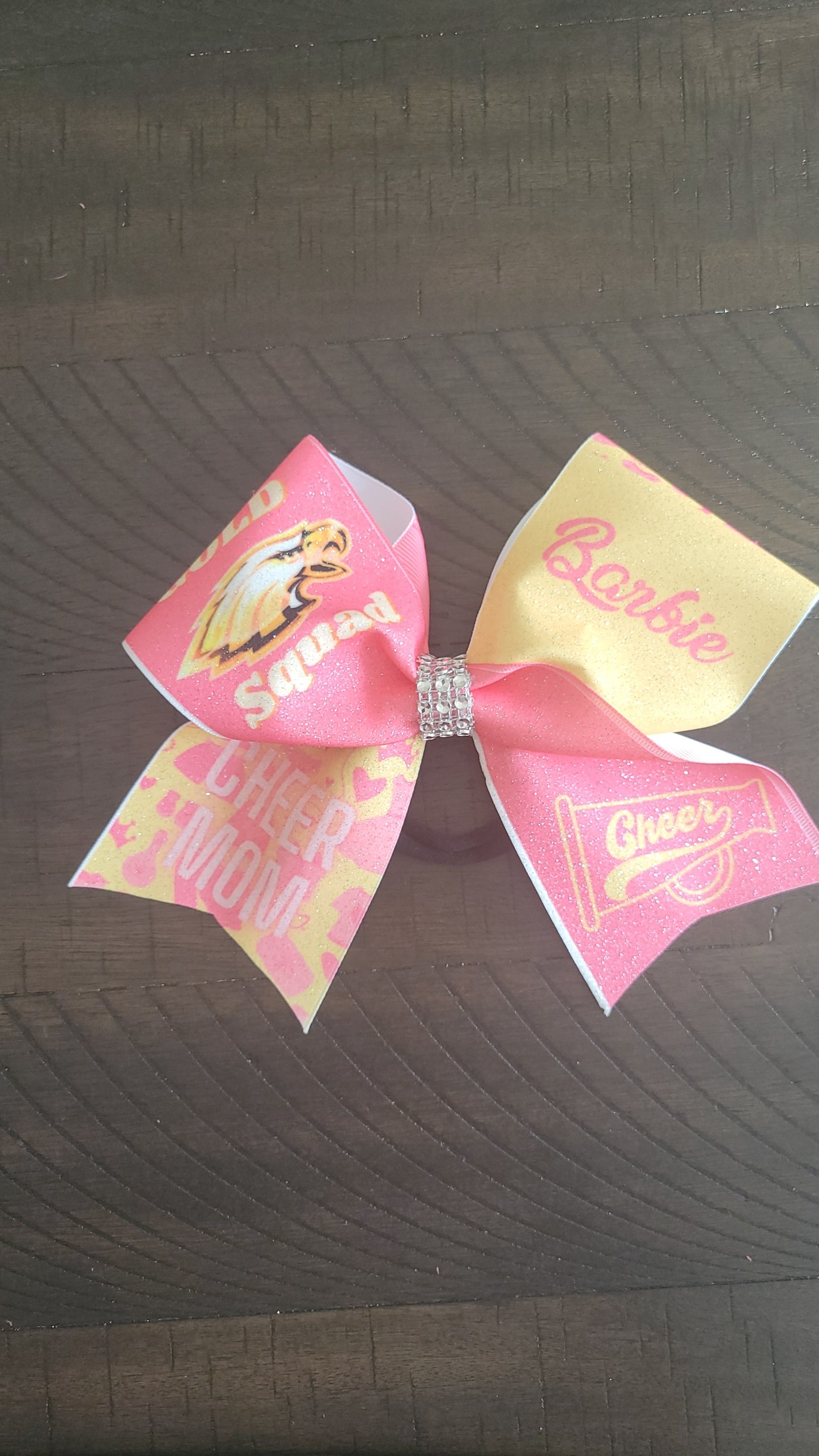 Gold squad cheer and mom cheer bow