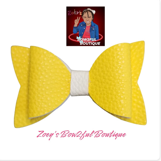 Yellow and white Faux leather bow